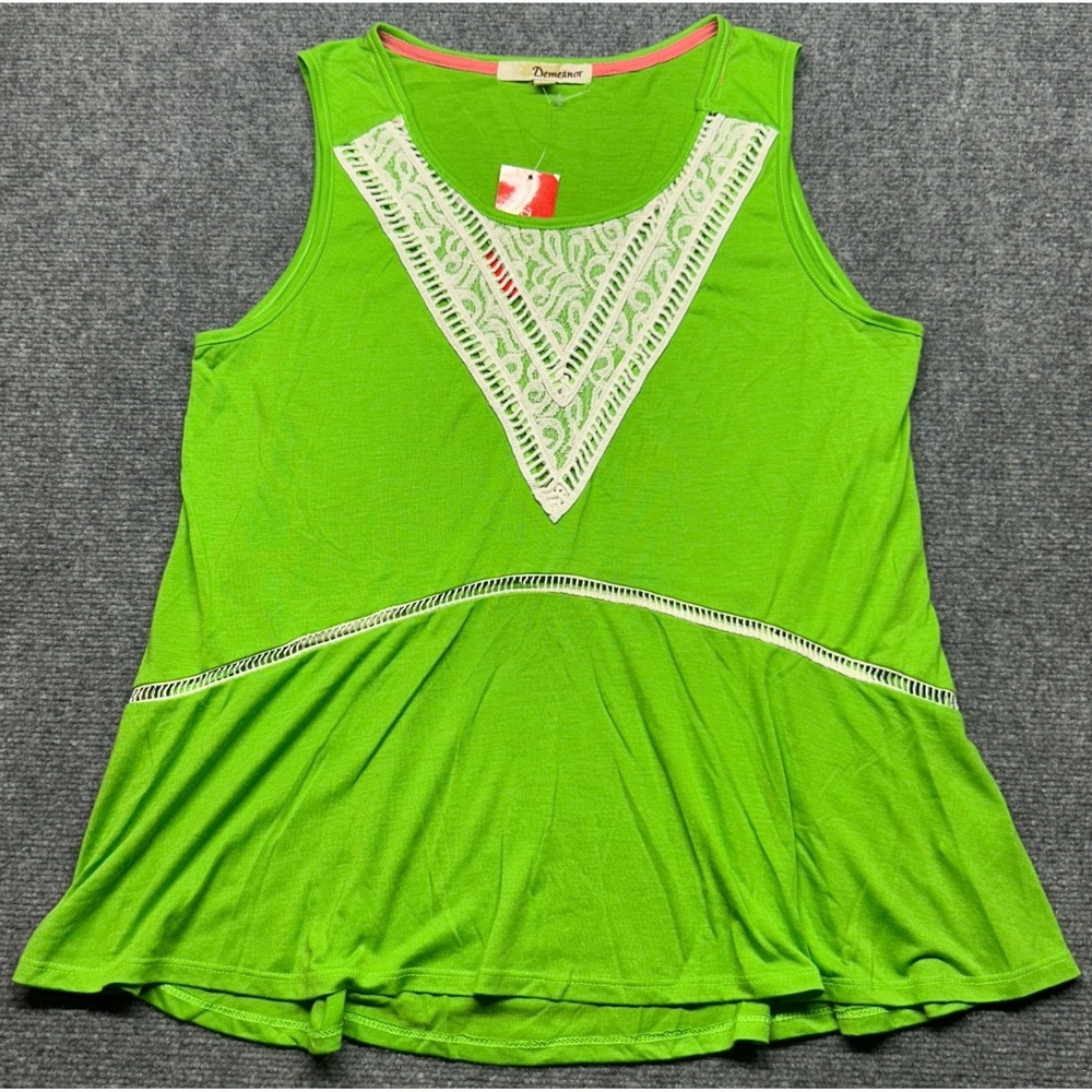Demeanor Tank Top Womens XL Green White Lace Trim Sleeveless Casual Blouse New